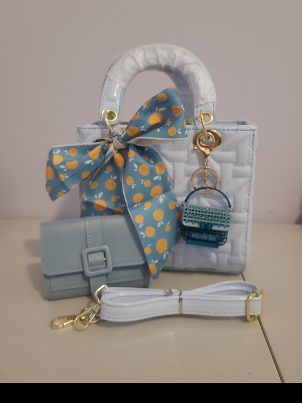 Light Blue Faux Patent Quilted Mini Crossbody Bag with Blue Scarf and Keychain